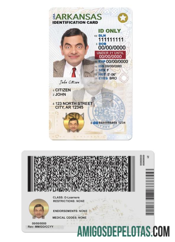 Cartão de identificação dos EUA Arkansas modelo menor de 21 anos
